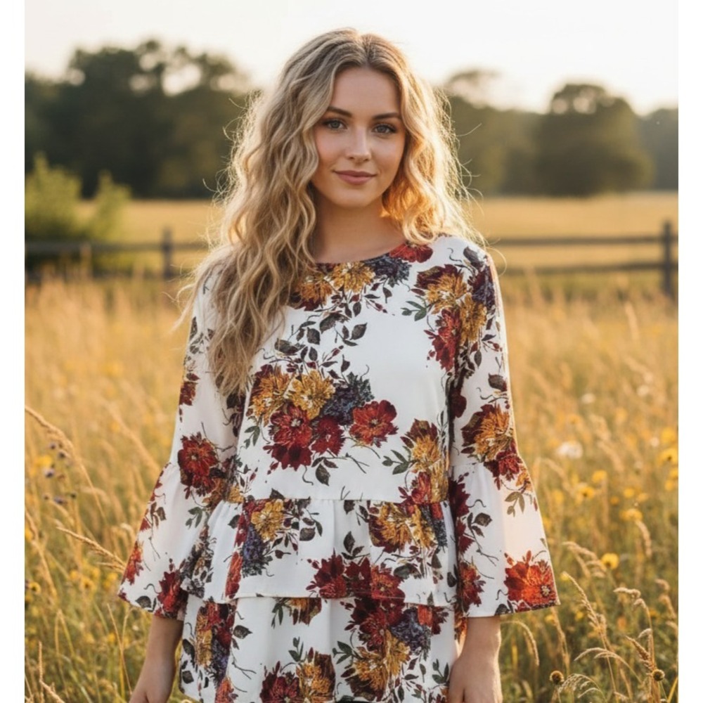 Time Tru S 4 6 Top White Floral‎ Babydoll Flowy Bell Sleeve Boho Cottage Coastal